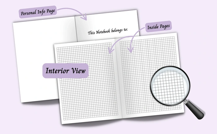 Interior view of the notebook showing the personal info page and 4x4 graph paper inside pages, with a magnified view of the page layout.