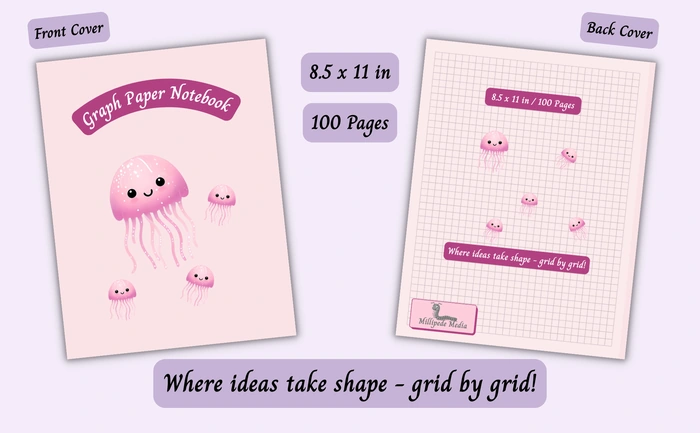 Notebook mockup showing the front and back cover, 8.5 x 11 inch size, 100 pages, and the motto “Where ideas take shape - grid by grid!”