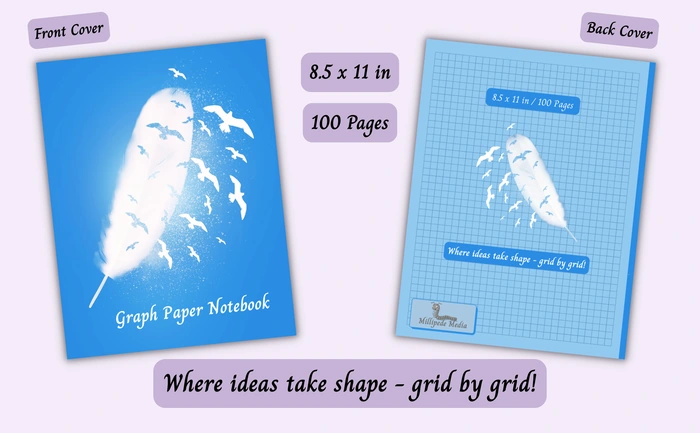 Notebook mockup showing the front and back cover, 8.5 x 11 inch size, 100 pages, and the motto “Where ideas take shape - grid by grid!”
