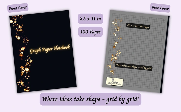 Notebook mockup showing the front and back cover, 8.5 x 11 inch size, 100 pages, and the motto “Where ideas take shape - grid by grid!”
