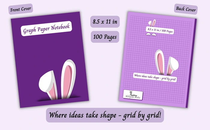 Notebook mockup showing the front and back cover, 8.5 x 11 inch size, 100 pages, and the motto “Where ideas take shape - grid by grid!”