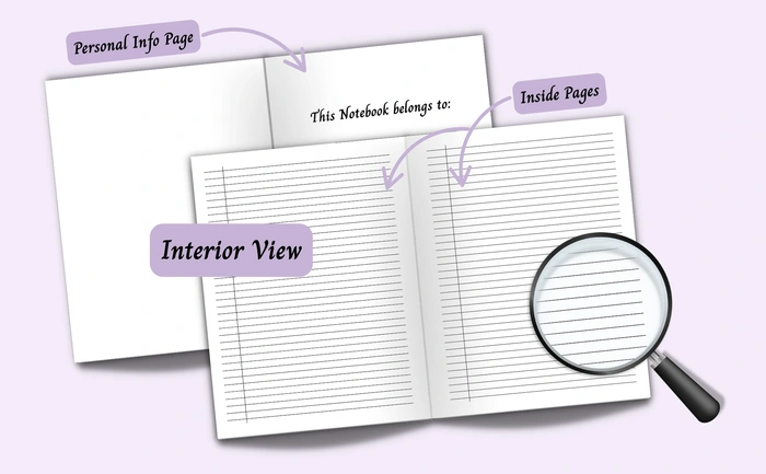 Interior view of the notebook showing the personal info page and college ruled paper inside pages, with a magnified view of the page layout.