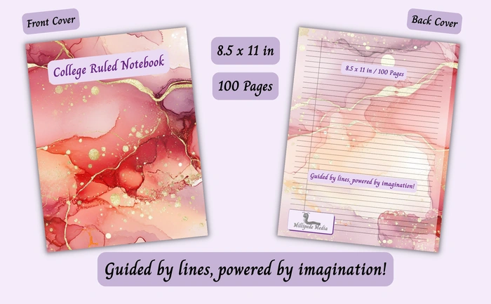 Notebook mockup showing the front and back cover, 8.5 x 11 inch size, 100 pages, and the motto “Guided by lines, powered by imagination!”