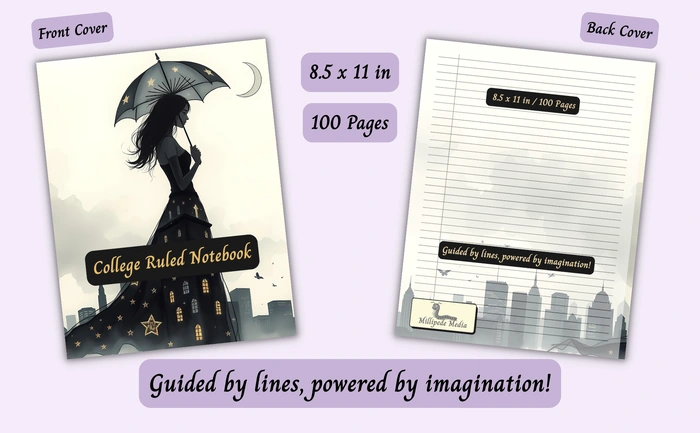 Notebook mockup showing the front and back cover, 8.5 x 11 inch size, 100 pages, and the motto “Guided by lines, powered by imagination!”