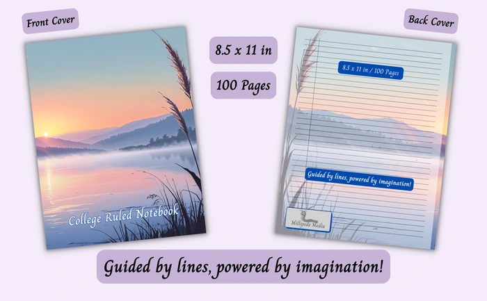 Notebook mockup showing the front and back cover, 8.5 x 11 inch size, 100 pages, and the motto “Guided by lines, powered by imagination!”