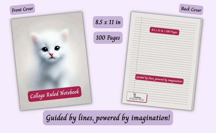Notebook mockup showing the front and back cover, 8.5 x 11 inch size, 100 pages, and the motto “Guided by lines, powered by imagination!”
