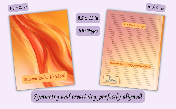 Notebook mockup showing the front and back cover, 8.5 x 11 inch size, 100 pages, and the motto “Symmetry and creativity, perfectly aligned!”
