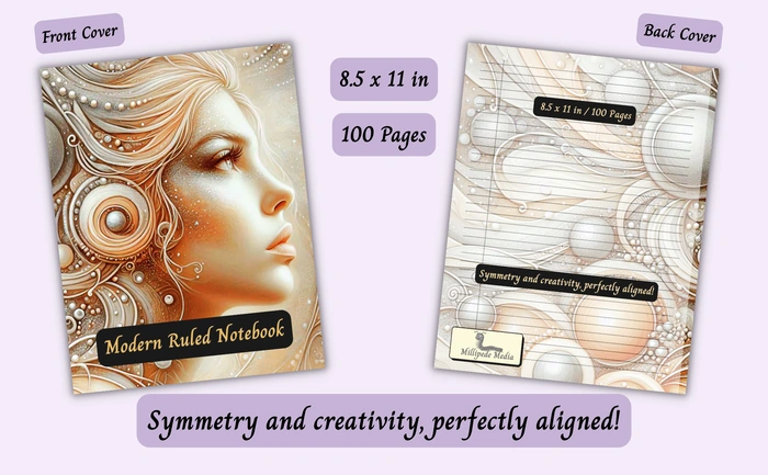 Notebook mockup showing the front and back cover, 8.5 x 11 inch size, 100 pages, and the motto “Symmetry and creativity, perfectly aligned!”