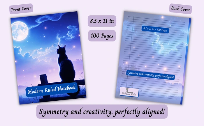 Notebook mockup showing the front and back cover, 8.5 x 11 inch size, 100 pages, and the motto “Symmetry and creativity, perfectly aligned!”