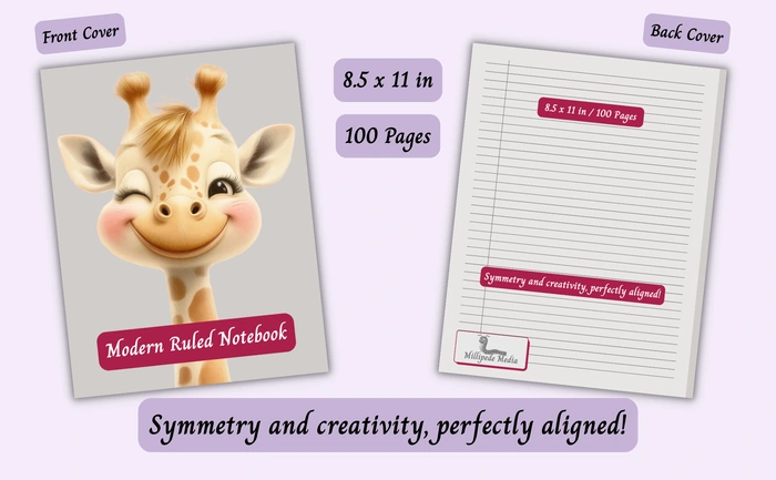 Notebook mockup showing the front and back cover, 8.5 x 11 inch size, 100 pages, and the motto “Symmetry and creativity, perfectly aligned!”