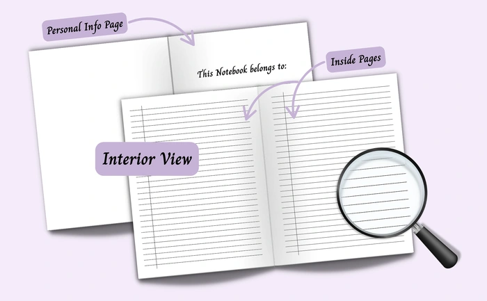 Interior view of the notebook showing the personal info page and wide ruled paper inside pages, with a magnified view of the page layout.