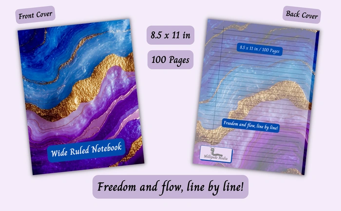 Notebook mockup showing the front and back cover, 8.5 x 11 inch size, 100 pages, and the motto “Freedom and flow, line by line!”