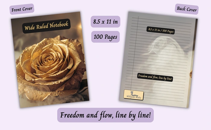 Notebook mockup showing the front and back cover, 8.5 x 11 inch size, 100 pages, and the motto “Freedom and flow, line by line!”