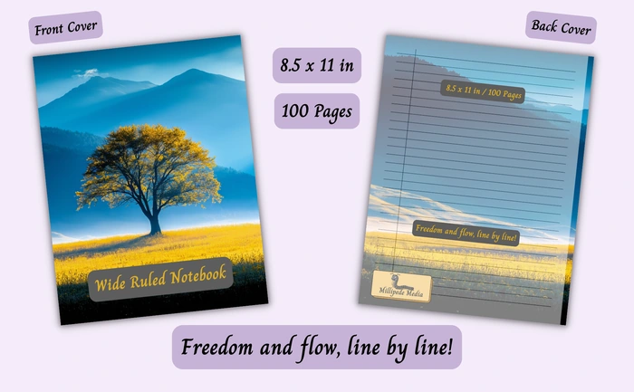 Notebook mockup showing the front and back cover, 8.5 x 11 inch size, 100 pages, and the motto “Freedom and flow, line by line!”