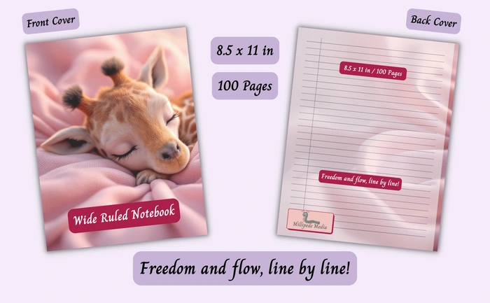 Notebook mockup showing the front and back cover, 8.5 x 11 inch size, 100 pages, and the motto “Freedom and flow, line by line!”