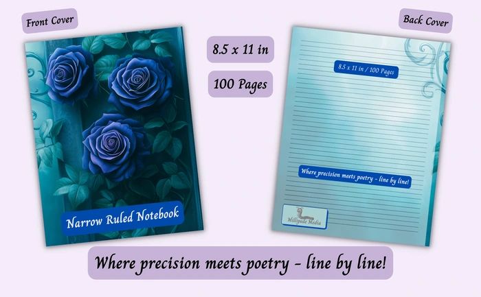 Notebook mockup showing the front and back cover, 8.5 x 11 inch size, 100 pages, and the motto “Where precision meets poetry - line by line!”