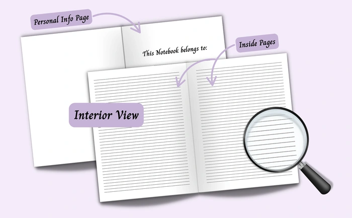 Interior view of the notebook showing the personal info page and narrow ruled paper inside pages, with a magnified view of the page layout.