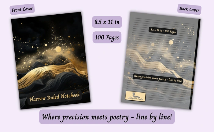 Notebook mockup showing the front and back cover, 8.5 x 11 inch size, 100 pages, and the motto “Where precision meets poetry - line by line!”