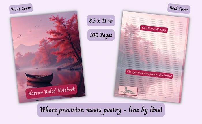 Notebook mockup showing the front and back cover, 8.5 x 11 inch size, 100 pages, and the motto “Where precision meets poetry - line by line!”
