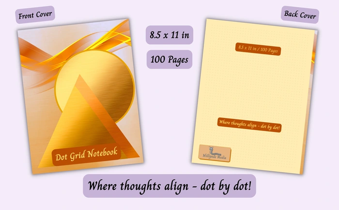 Notebook mockup showing the front and back cover, 8.5 x 11 inch size, 100 pages, and the motto “Where thoughts align - dot by dot!”