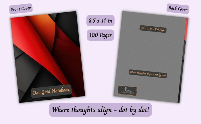 Notebook mockup showing the front and back cover, 8.5 x 11 inch size, 100 pages, and the motto “Where thoughts align - dot by dot!”