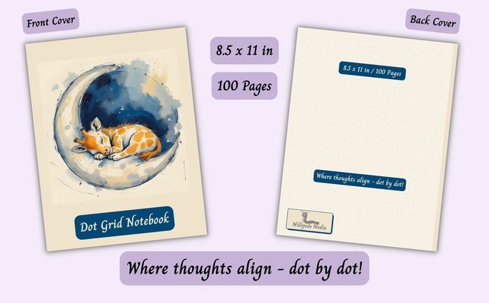 Notebook mockup showing the front and back cover, 8.5 x 11 inch size, 100 pages, and the motto “Where thoughts align - dot by dot!”