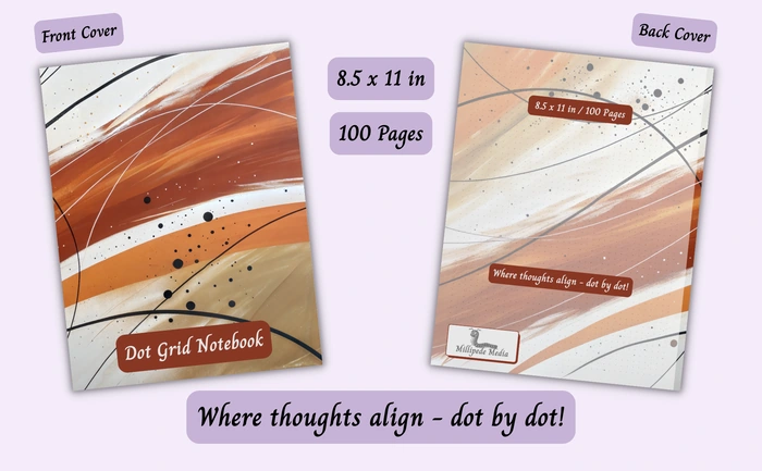 Notebook mockup showing the front and back cover, 8.5 x 11 inch size, 100 pages, and the motto “Where thoughts align - dot by dot!”