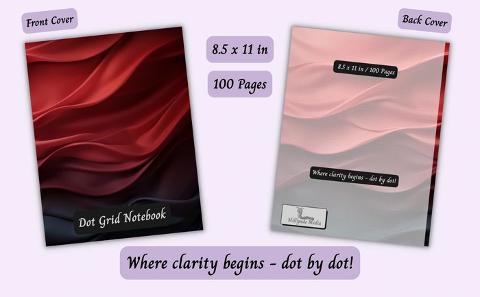 Notebook mockup showing the front and back cover, 8.5 x 11 inch size, 100 pages, and the motto “Where clarity begins - dot by dot!”