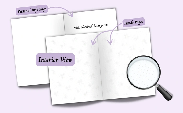 Interior view of the notebook showing the personal info page and 4x4 mm dot grid paper inside pages, with a magnified view of the page layout.