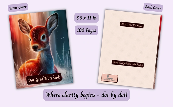 Notebook mockup showing the front and back cover, 8.5 x 11 inch size, 100 pages, and the motto “Where clarity begins - dot by dot!”