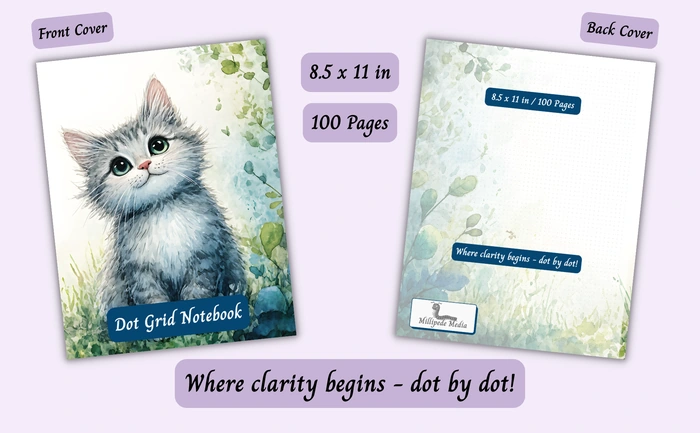 Notebook mockup showing the front and back cover, 8.5 x 11 inch size, 100 pages, and the motto “Where clarity begins - dot by dot!”