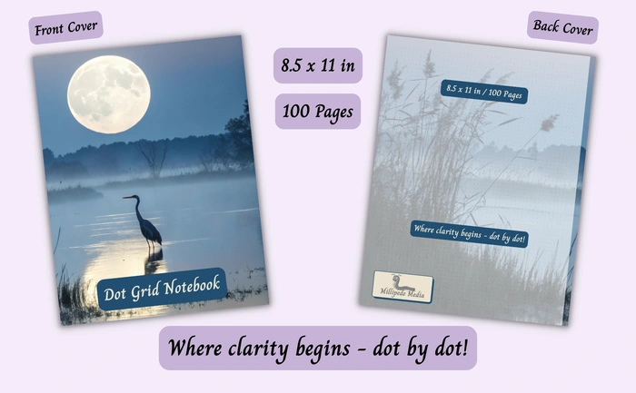 Notebook mockup showing the front and back cover, 8.5 x 11 inch size, 100 pages, and the motto “Where clarity begins - dot by dot!”