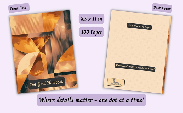 Notebook mockup showing the front and back cover, 8.5 x 11 inch size, 100 pages, and the motto “Where details matter - one dot at a time!”