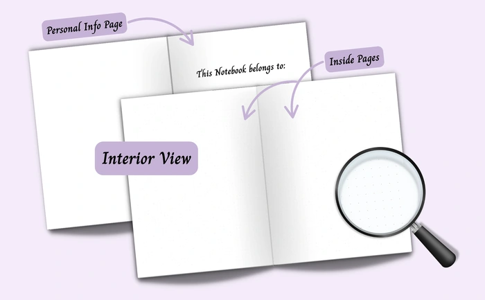 Interior view of the notebook showing the personal info page and 5x5 mm light grey dot grid paper inside pages, with a magnified view of the page layout.