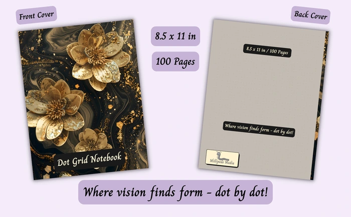 Notebook mockup showing the front and back cover, 8.5 x 11 inch size, 100 pages, and the motto “Where vision finds form - dot by dot!”