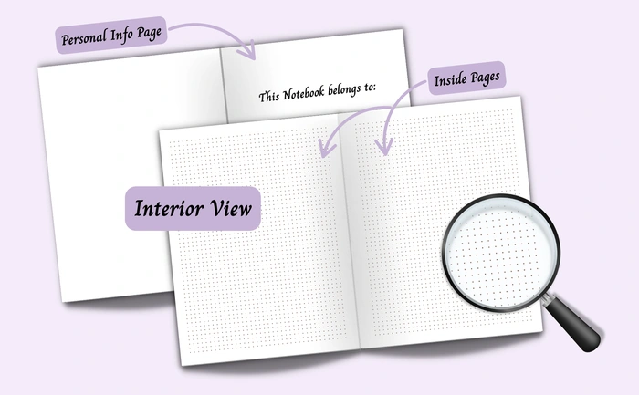 Interior view of the notebook showing the personal info page and 5x5 mm brown large dot grid paper inside pages, with a magnified view of the page layout.