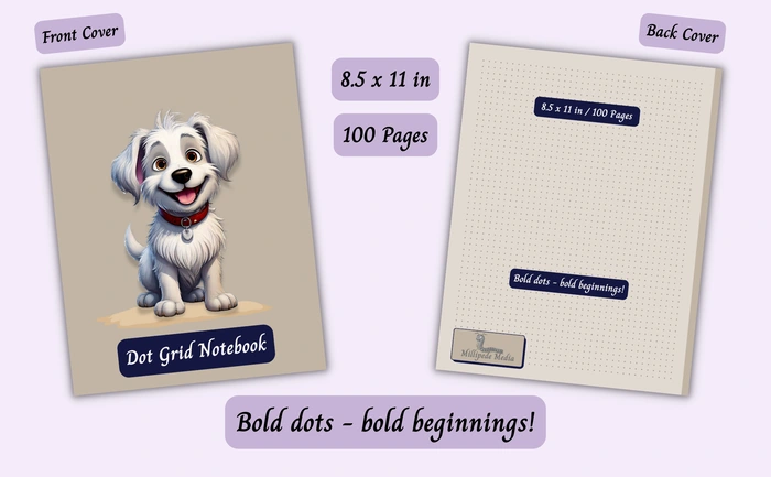 Notebook mockup showing the front and back cover, 8.5 x 11 inch size, 100 pages, and the motto “Bold dots - bold beginnings!”