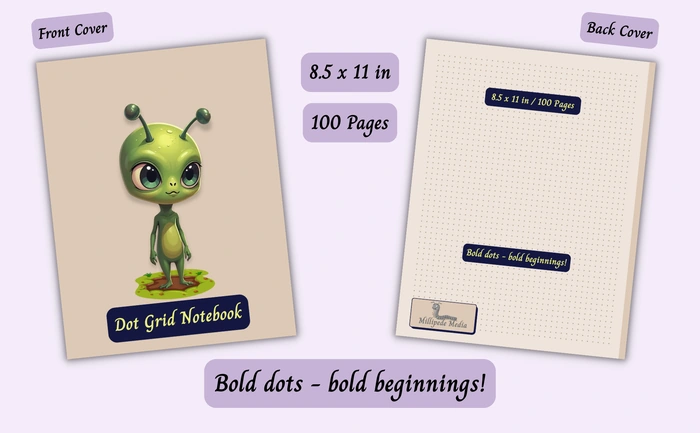 Notebook mockup showing the front and back cover, 8.5 x 11 inch size, 100 pages, and the motto “Bold dots - bold beginnings!”