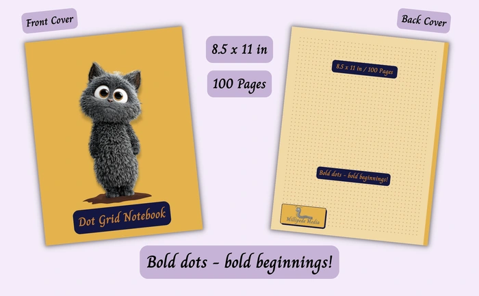 Notebook mockup showing the front and back cover, 8.5 x 11 inch size, 100 pages, and the motto “Bold dots - bold beginnings!”
