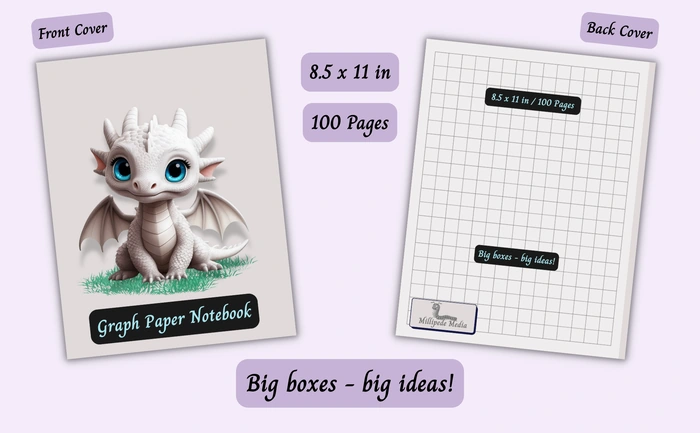 Notebook mockup showing the front and back cover, 8.5 x 11 inch size, 100 pages, and the motto “Big boxes - big ideas!”