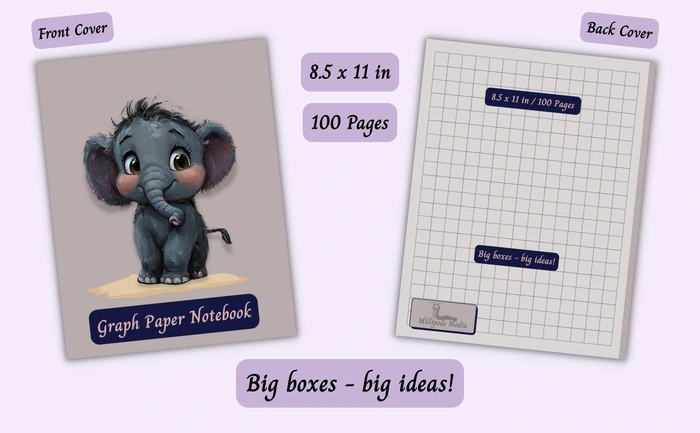 Notebook mockup showing the front and back cover, 8.5 x 11 inch size, 100 pages, and the motto “Big boxes - big ideas!”