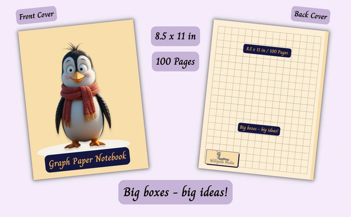 Notebook mockup showing the front and back cover, 8.5 x 11 inch size, 100 pages, and the motto “Big boxes - big ideas!”