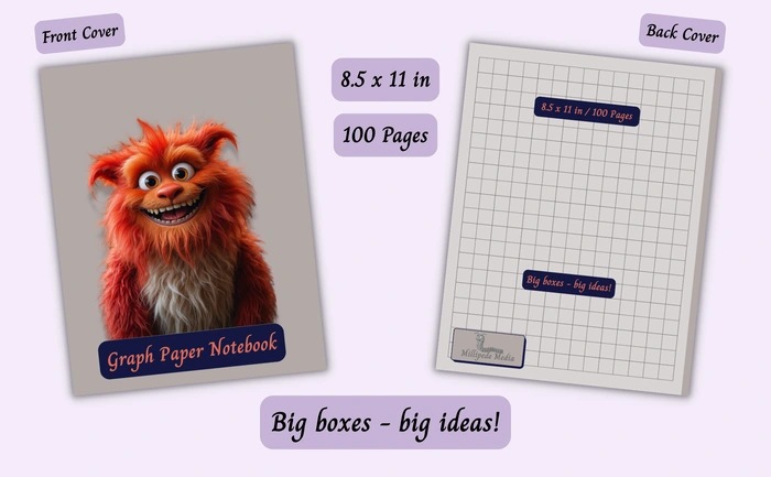 Notebook mockup showing the front and back cover, 8.5 x 11 inch size, 100 pages, and the motto “Big boxes - big ideas!”