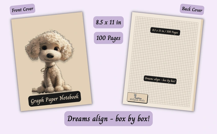 Notebook mockup showing the front and back cover, 8.5 x 11 inch size, 100 pages, and the motto “Dreams align - box by box!”