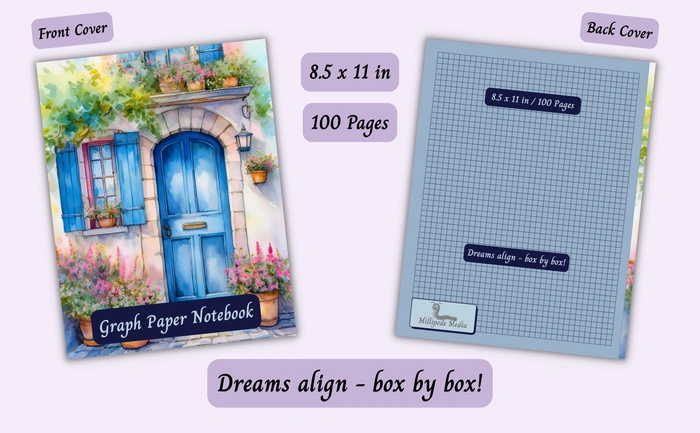 Notebook mockup showing the front and back cover, 8.5 x 11 inch size, 100 pages, and the motto “Dreams align - box by box!”