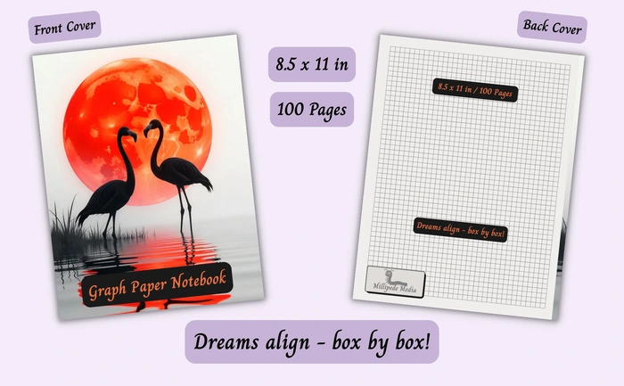Notebook mockup showing the front and back cover, 8.5 x 11 inch size, 100 pages, and the motto “Dreams align - box by box!”