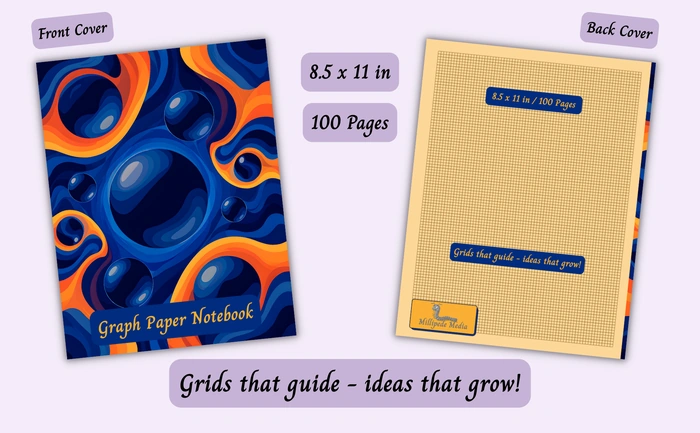 Notebook mockup showing the front and back cover, 8.5 x 11 inch size, 100 pages, and the motto “Grids that guide - ideas that grow!”