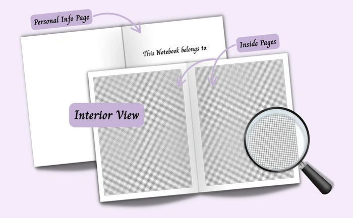 Interior view of the notebook showing the personal info page and 10x10 graph paper inside pages, with a magnified view of the page layout.