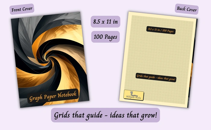 Notebook mockup showing the front and back cover, 8.5 x 11 inch size, 100 pages, and the motto “Grids that guide - ideas that grow!”