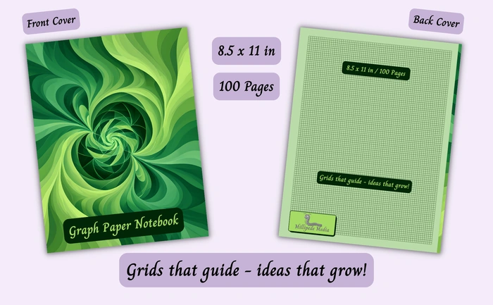 Notebook mockup showing the front and back cover, 8.5 x 11 inch size, 100 pages, and the motto “Grids that guide - ideas that grow!”
